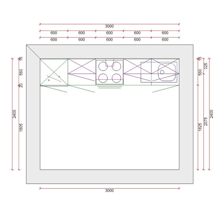 Cuisine Premium 5B crème 300cm - pré-montée - sans appareils - plaque de cuisson vitrocéramique et hotte murale en inox
