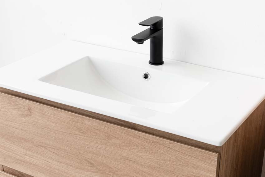 Meuble de salle de bains Bianca chêne suspendu avec lavabo simple blanc brillant 80cm