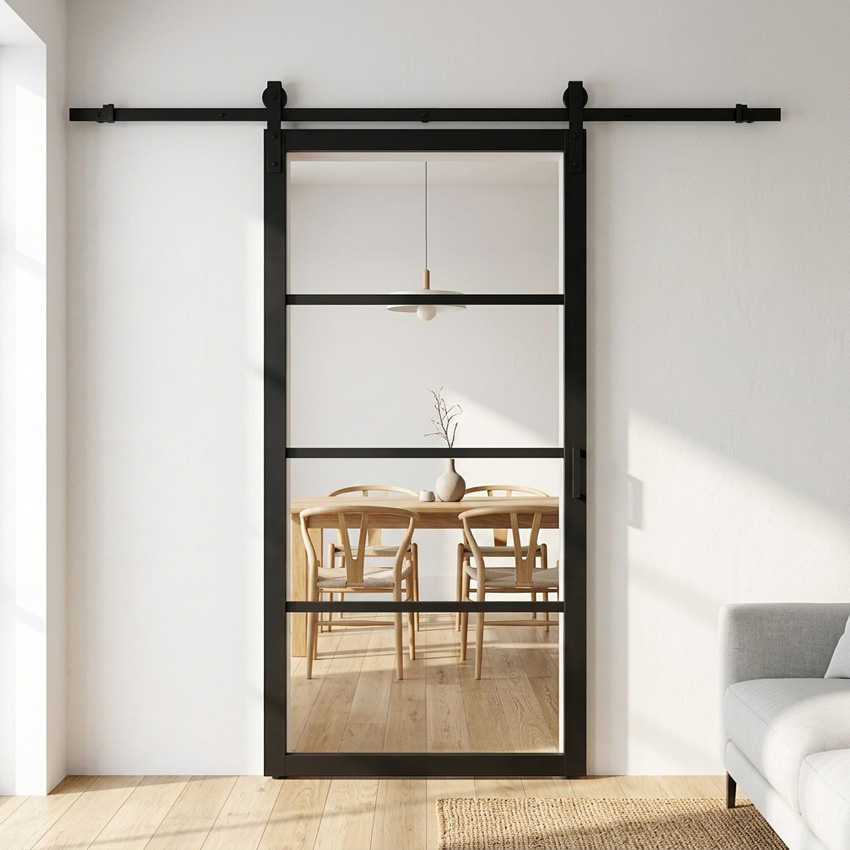 Complete enkele glazen schuifdeur Black steel look 4R 93x211,5cm + rail robust zwart