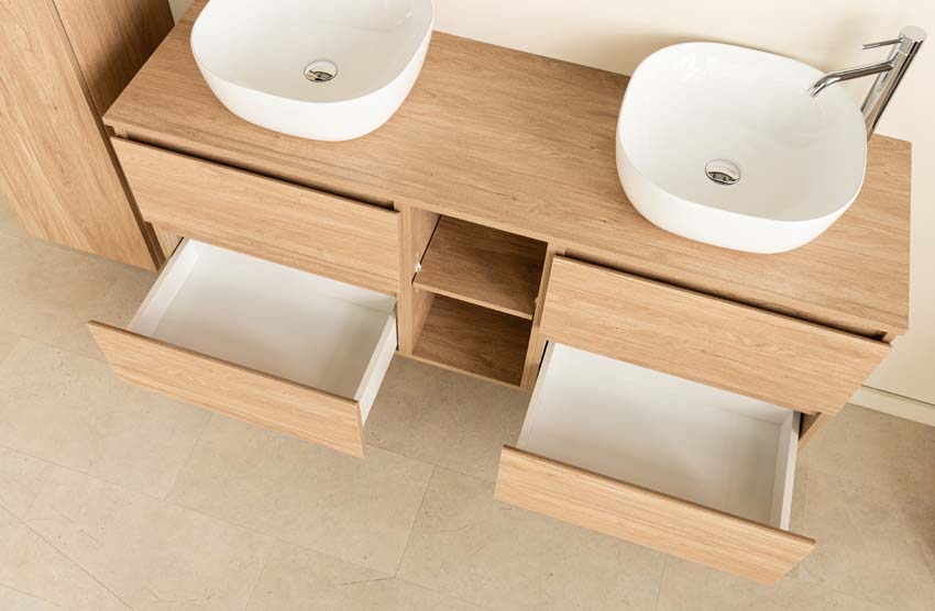 Meuble de salle de bain Bella aspect chêne 1500 mm lavabo double blanc brilliant Meuble de salle de bain Bella aspect chêne 1500 mm lavabo double blanc brilliant