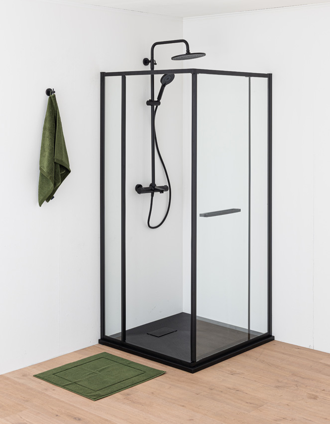 Douchehoek Ares met plaatsbesparende deur mat zwart 90x90x190cm