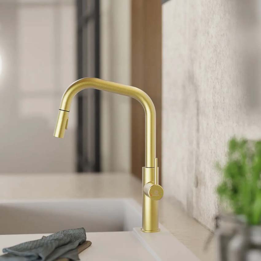Keukenkraan Wasserwerk WK 13 Edge mat goud met uittrekbare uitloop