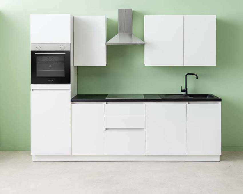 Cuisine Plenti blanc/noir 280cm - tirroirs et hotte murale en inox - sans appareils