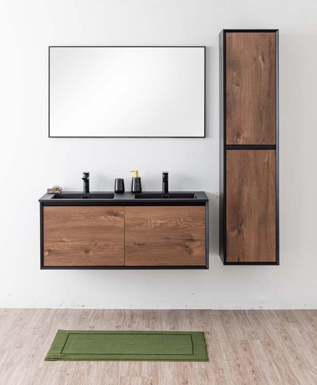 Meuble de salle de bains Justin noyer suspendu avec lavabo double noir mat 120cm