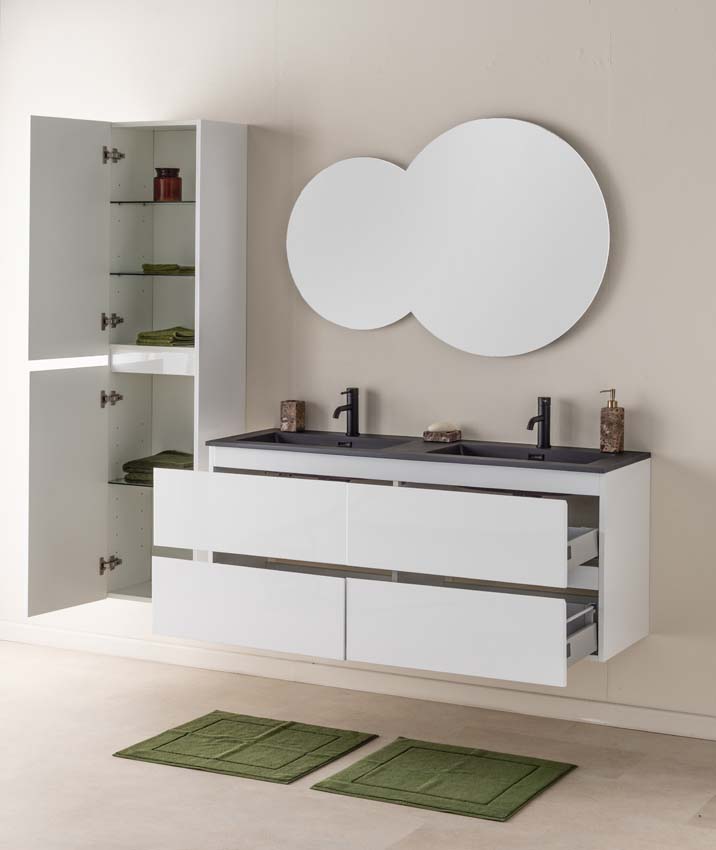 Meuble de salle de bains Tibo blanc suspendu avec lavabo double noir mat 140cm
