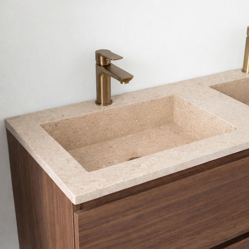 Meuble de salle de bain Dotan noyer avec lavabo double en aspect travertin 120cm
