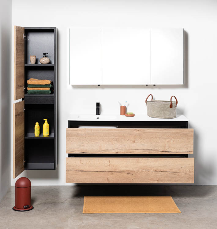 Meuble de salle de bain Dotan chêne/noir 1400 mm lavabo mat gauche
