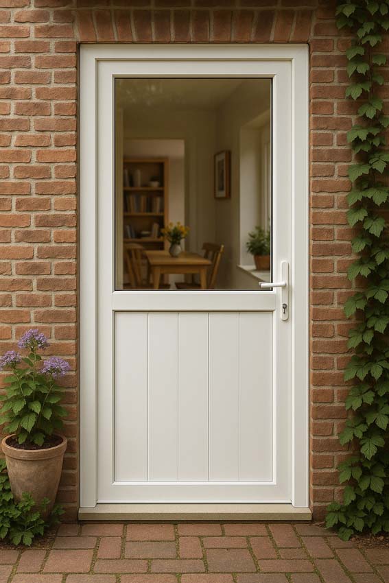 Porte extérieure Deceuninck PVC semi-vitrée verre transparent blanc 900x2000mm poussant à gauche