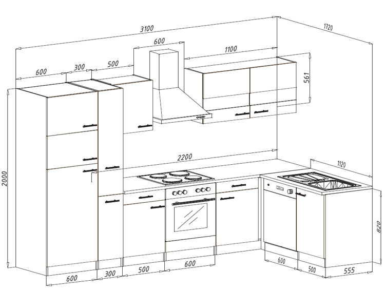 Keuken 310x172cm - wit/eik - vitrokeramische kookplaat