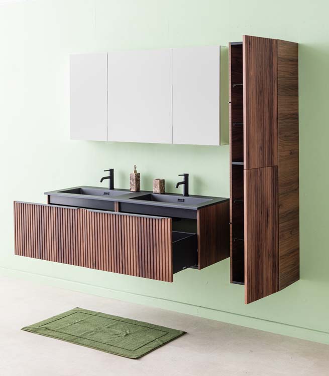 Meuble de salle de bains Soetkin noyer suspendu avec lavabo double noir mat 140cm