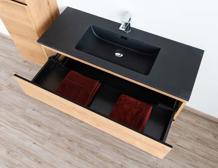 Badkamermeubel Daria eik goudbruin hangend met enkele wastafel mat zwart 120cm