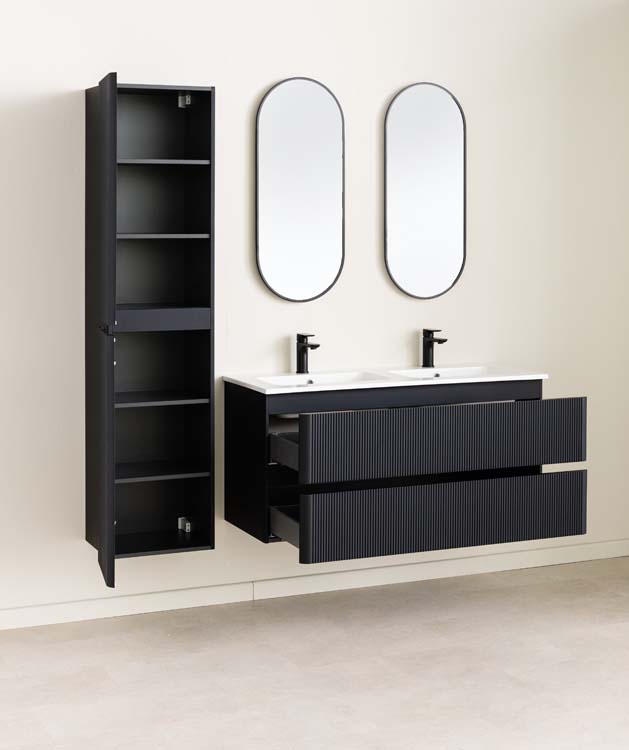 Meuble de salle de bains Julia noir mat suspendu avec lavabo double blanc brillant 120cm