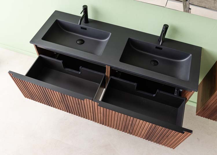 Meuble de salle de bains Soetkin noyer suspendu avec lavabo double noir mat 140cm