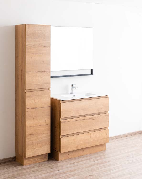 Meuble de salle de bain Daria chêne brun doré 900 mm sur pied lavabo porcelaine brillant