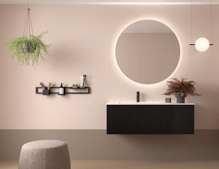 Meuble de salle de bains Soetkin noyer suspendu avec lavabo double noir mat 140cm