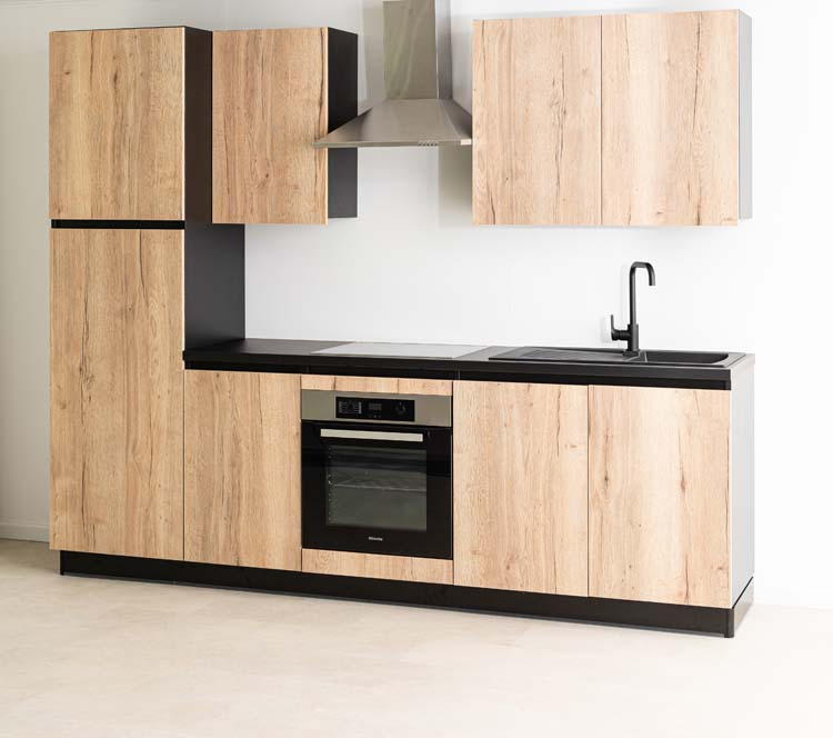 Cuisine Plenti noir/aspect bois 270cm - hotte murale en inox - sans appareils