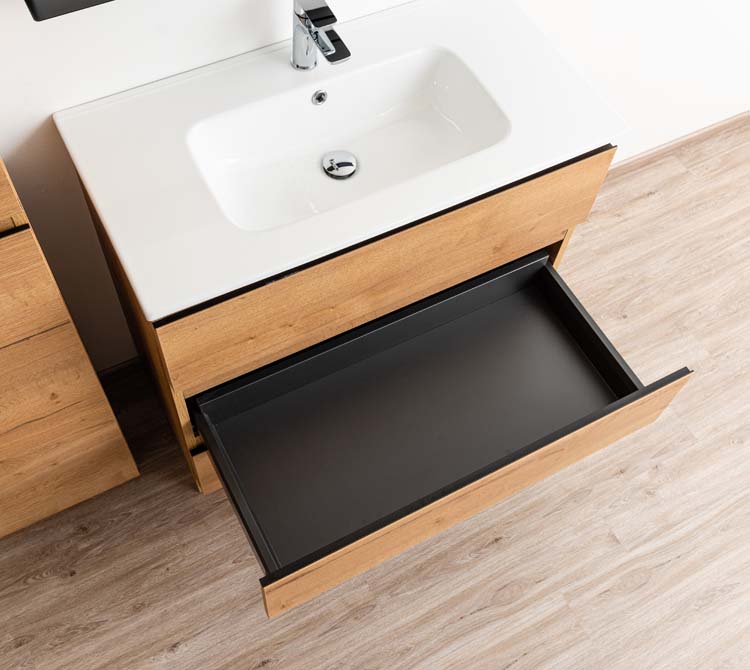 Meuble de salle de bain Daria chêne brun doré 900 mm sur pied lavabo porcelaine brillant
