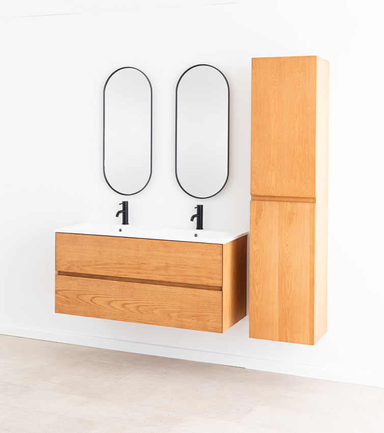 Meuble de salle de bain Fior en placage chêne suspendu avec double lavabo blanc mat 120cm