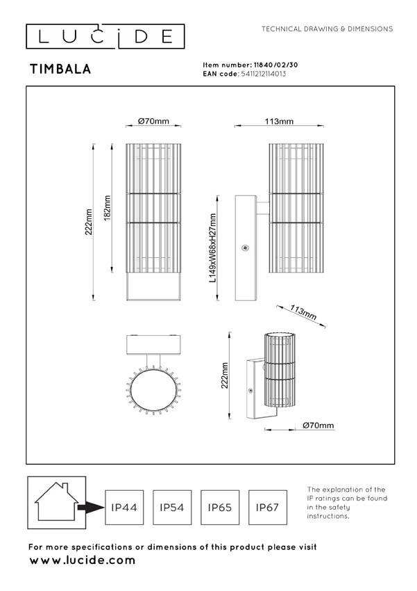 Lucide Essential Timbala - Spot mural / applique intérieur/extérieur - 2xGU10 - IP44 - Noir