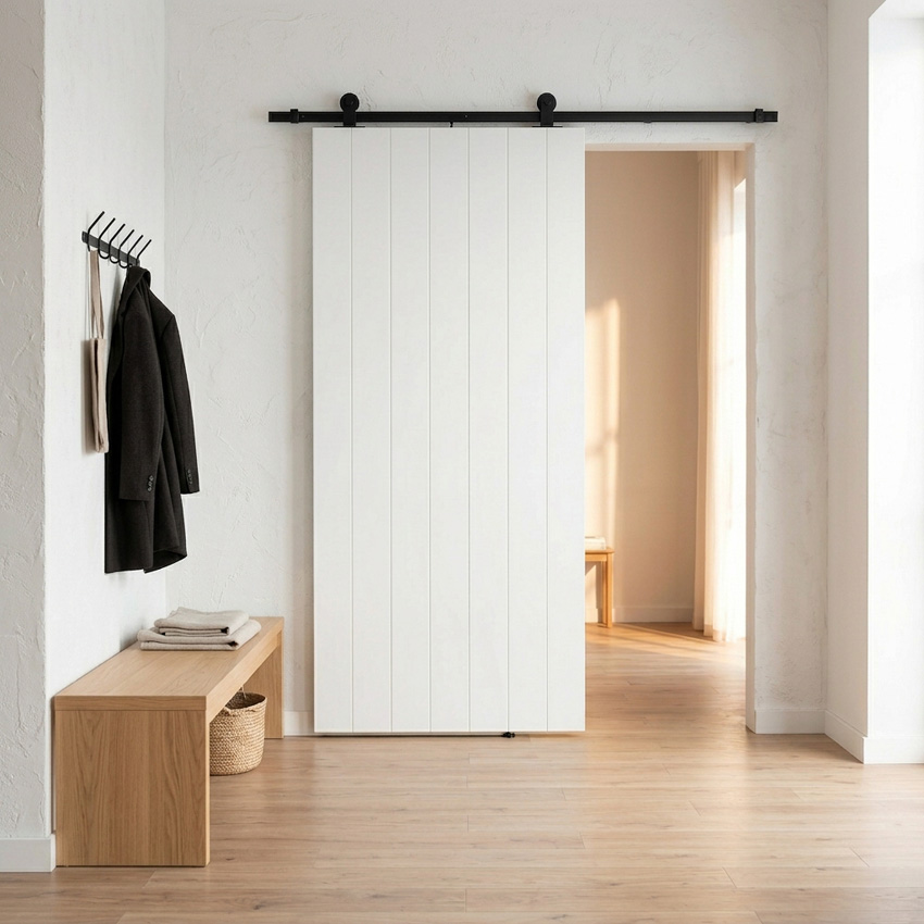 Porte coulissante simple à peindre complète Titus 93x211,5cm + rail noir antique