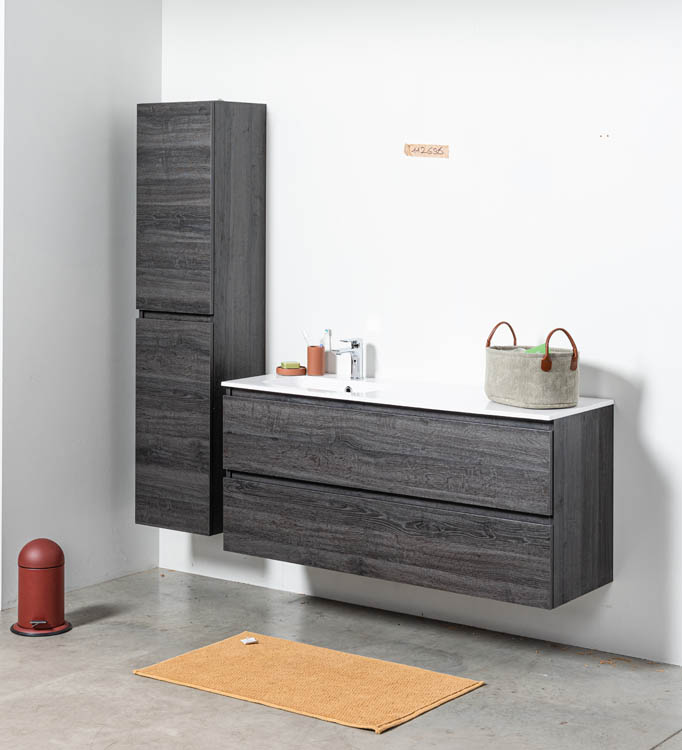 Badkamermeubel Dotan donkere eik hangend met enkele wastafel links glanzend wit 140cm