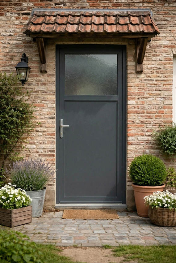 Porte extérieure budget PVC 1/3 verre structuré anthracite/blanc 980x2180mm ouvrant à gauche