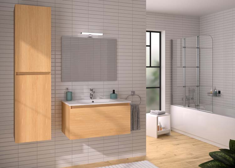 Meuble de salle de bains Atlas chêne suspendu avec lavabo simple blanc brilllant 80cm + miroir et éclairage
