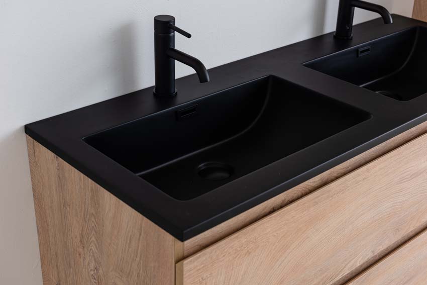 Badkamermeubel Tibo mediterraanse eik met dubbele wastafel mat zwart 120cm