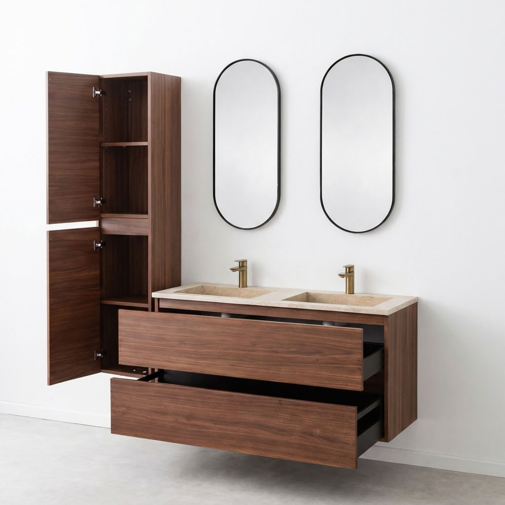 Meuble de salle de bain Dotan noyer avec lavabo double en aspect travertin 120cm