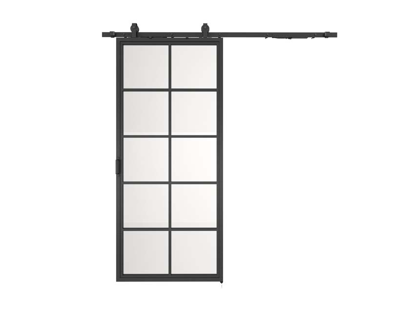 Complete enkele stalen schuifdeur Tyra mat glas 10R 93x213,4cm zwart + rail zwart