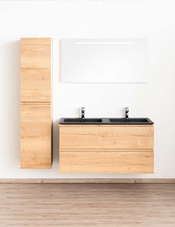 Badkamermeubel Daria eik goudbruin hangend met dubbele wastafel mat zwart 120cm