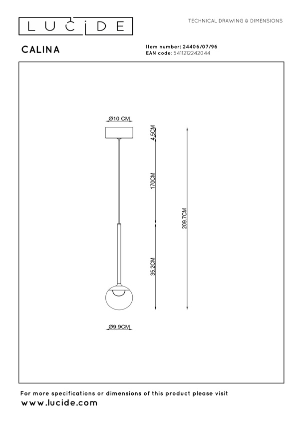 Lucide Premium Calina - Suspension - Ø9,9cm - LED Dimmable - CCT - 1x7W - 2200K/3300K - Avec module LED remplaçable - Café