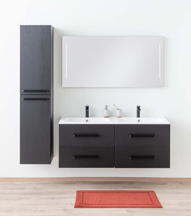 Badkamermeubel Plato zwart houtnerf 140cm - dubbel - glanzend - greep mat zwart