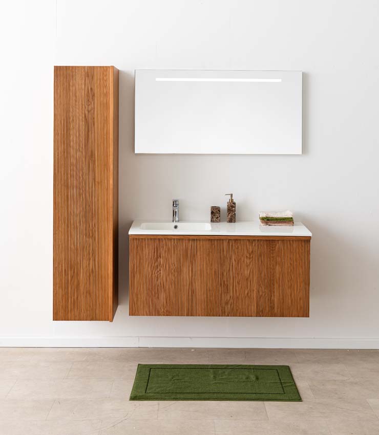 Meuble de salle de bain Fae chêne suspendu avec vasque simple blanc brillant 120cm