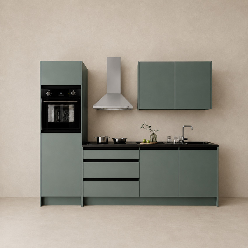 Keuken Berlin groen 273cm - met toestellen - vitrokeramische kookplaat en inox wanddampkap