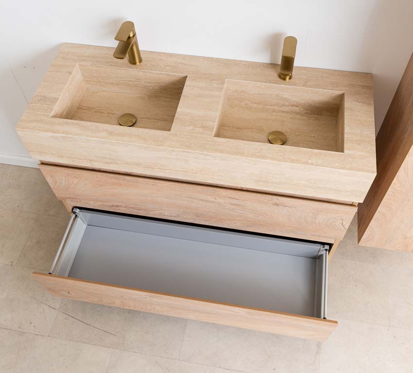 Meuble de salle de bain Tibo chêne avec double lavabo large en travertin 120cm