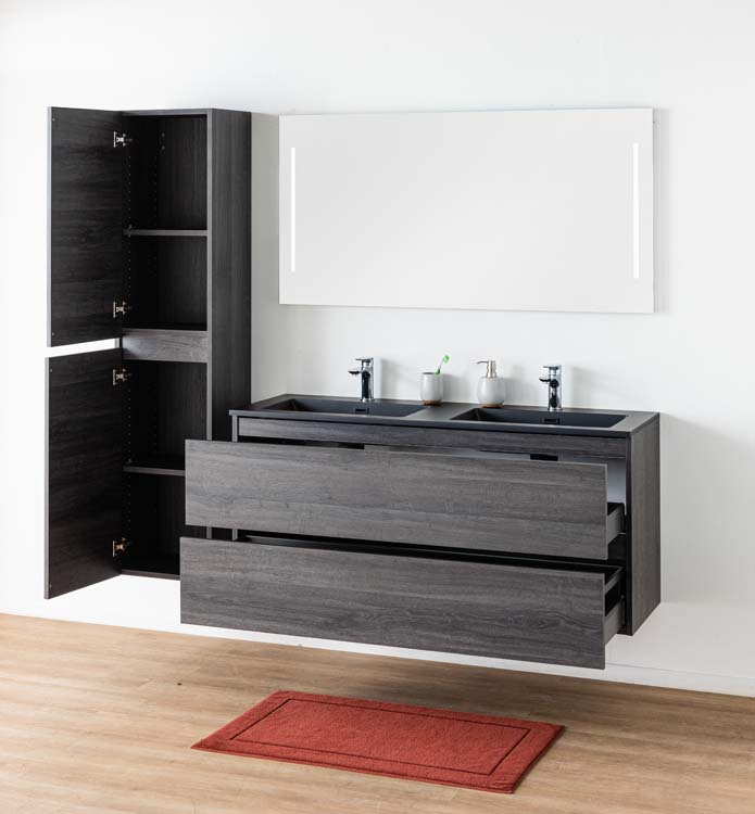 Meuble de salle de bains Dotan chêne foncé suspendu avec lavabo double noir mat 140cm