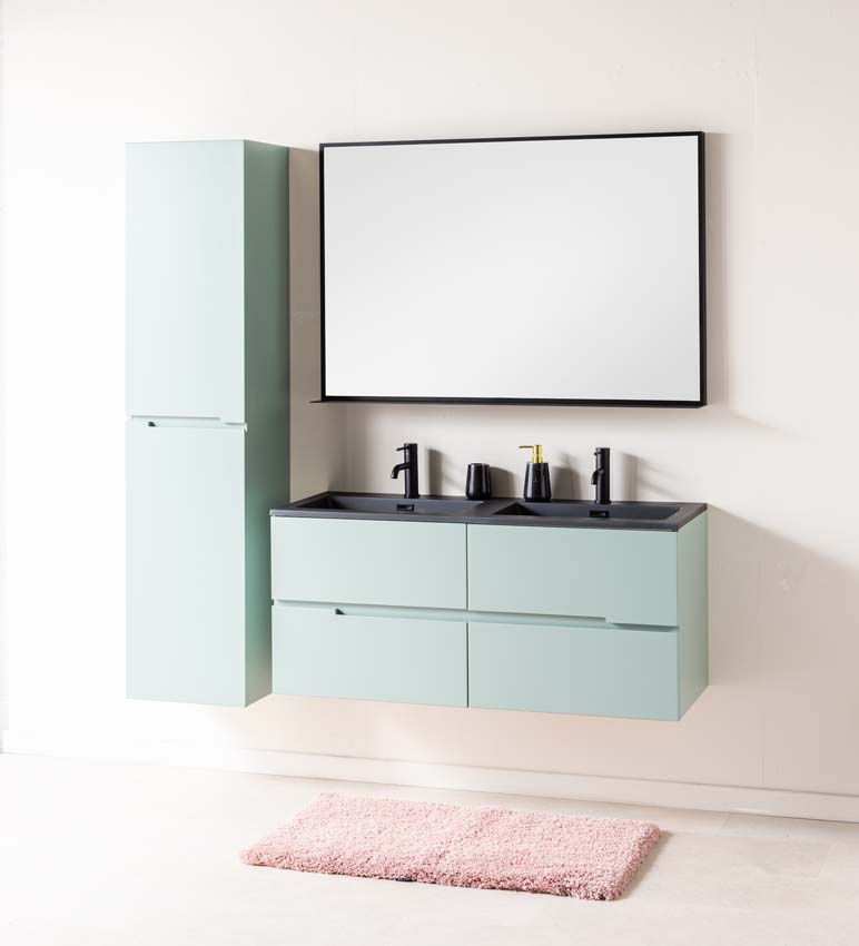 Meuble de salle de bains Truman vert gris suspendu avec lavabo double noir mat 120cm