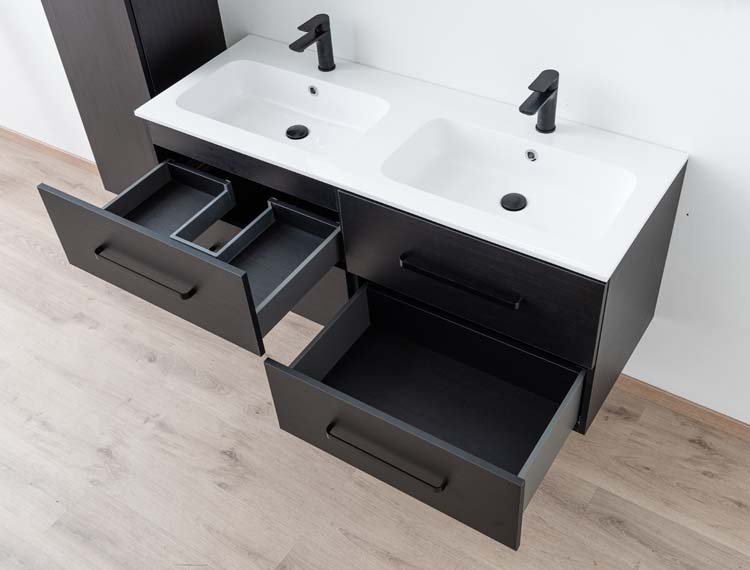 Badkamermeubel Plato zwart houtnerf 140cm - dubbel - glanzend - greep mat zwart