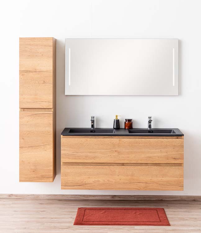 Meuble de salle de bains Daria chêne brun doré suspendu avec lavabo double noir mat 140cm