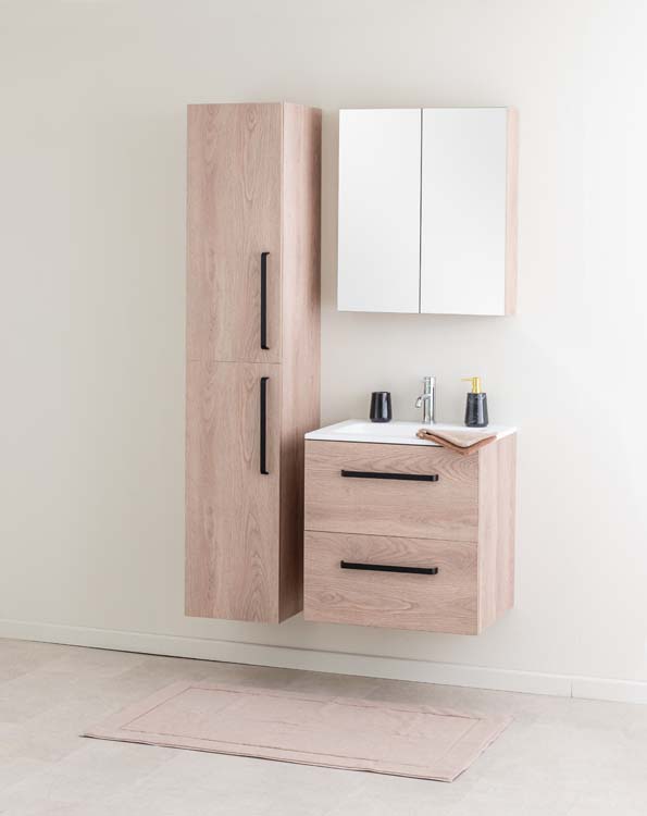 Badkamermeubel Bison eik hangend met enkele wastafel mat wit 60cm