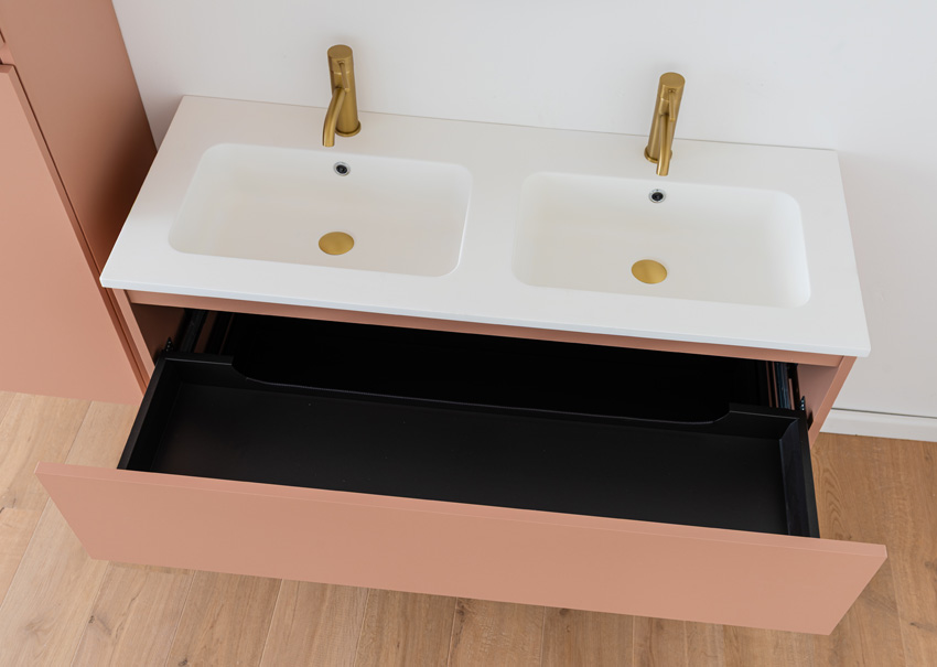 Badkamermeubel Dotan abrikoos hangend met dubbele wastafel mat wit 120cm