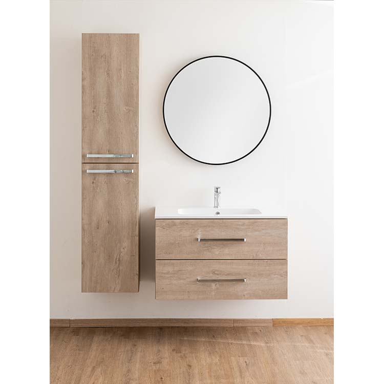 Badkamermeubel Plato eik betonlook hangend met enkele wastafel mat en chroom grepen 90cm