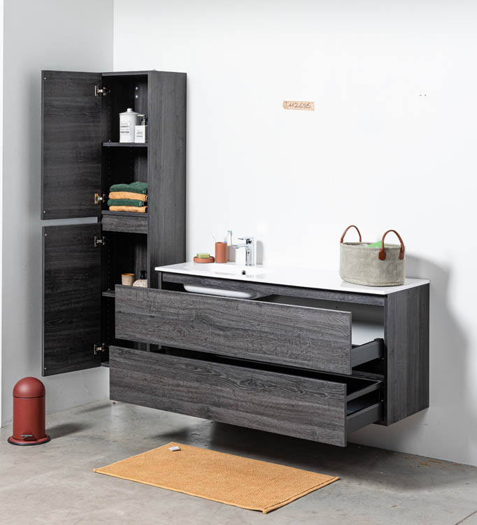 Badkamermeubel Dotan donkere eik hangend met enkele wastafel links glanzend wit 140cm