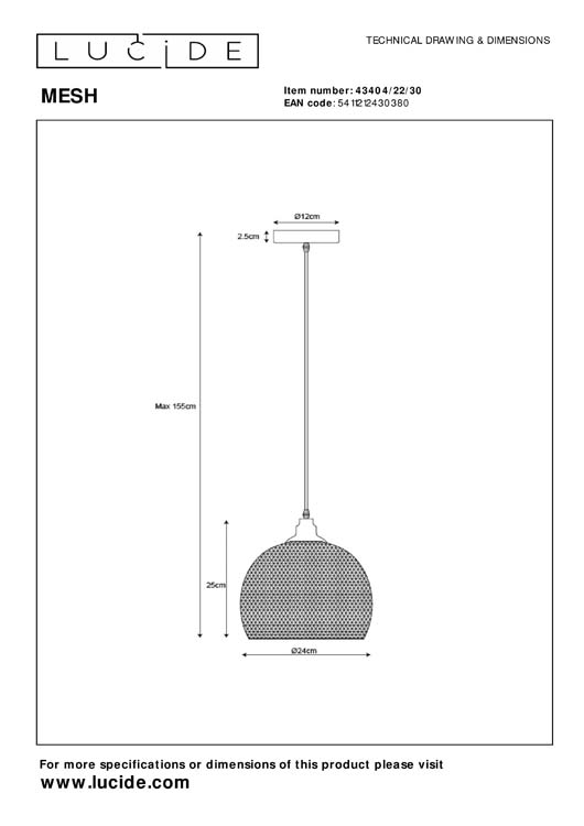 Suspension - noir - Ø22cm - dimmable - E27 - 60W