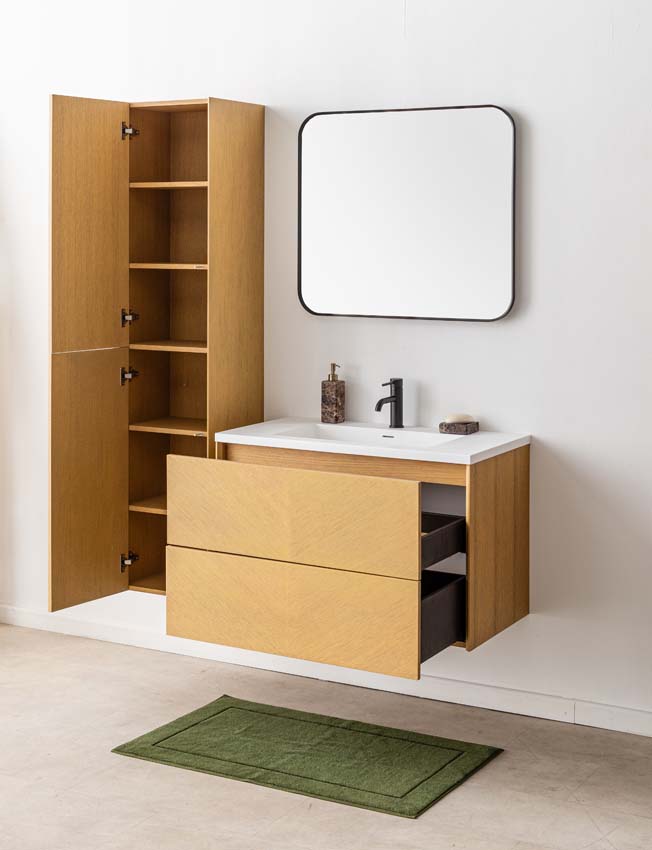 Meuble de salle de bains Waldorf chêne suspendu avec lavabo simple blanc mat 90cm
