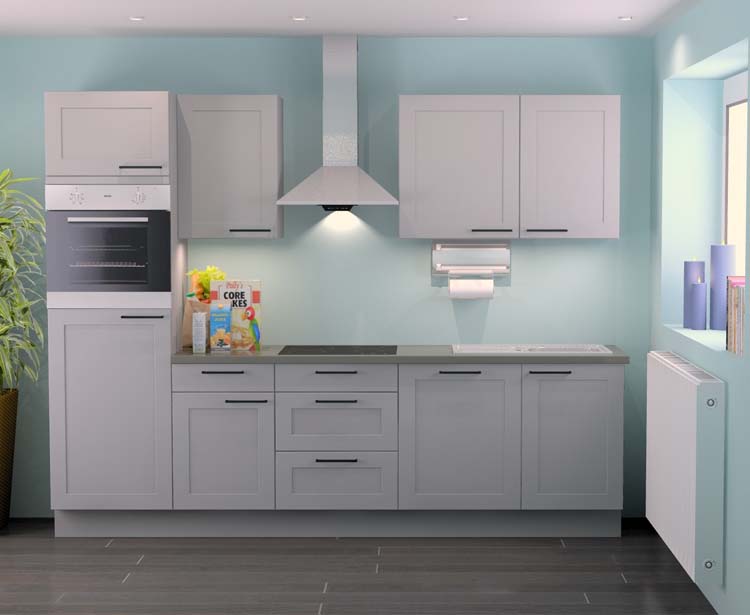 Cuisine Premium 4A grise 280cm - pré-montée - avec appareils - plaque de cuisson vitrocéramique et hotte murale en inox