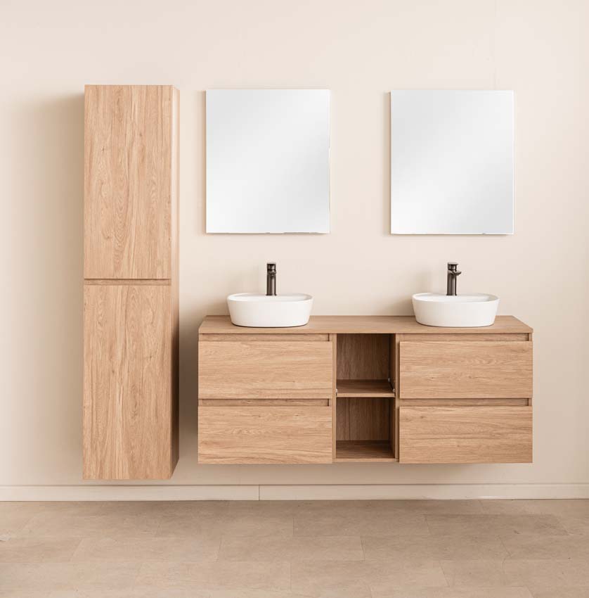 Meuble de salle de bain Bella aspect chêne 1500 mm lavabo double blanc avec  trous pour robinets