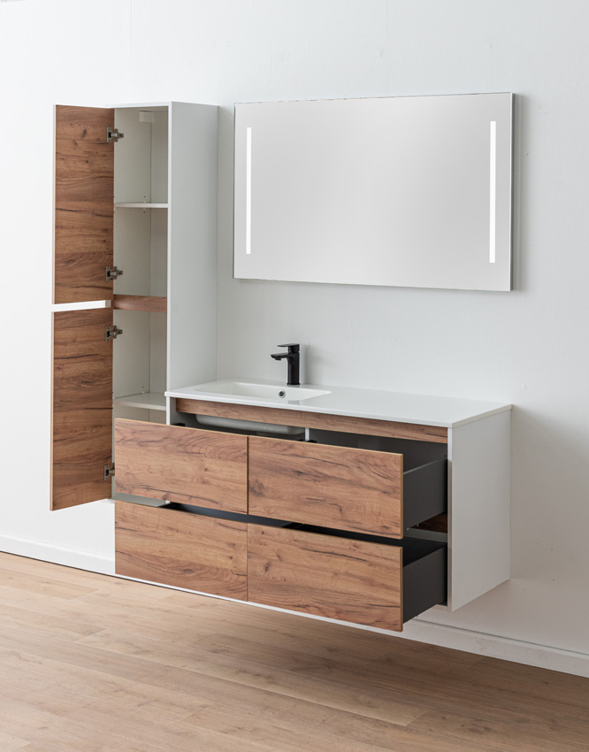 Meuble de salle de bains Treviso chêne/blanc avec lavabo simple blanc brillant 120cm