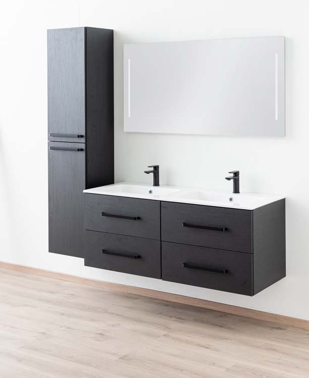Meuble de salle de bains Plato noir suspendu avec lavabo double blanc brillant et poignées noires 140cm
